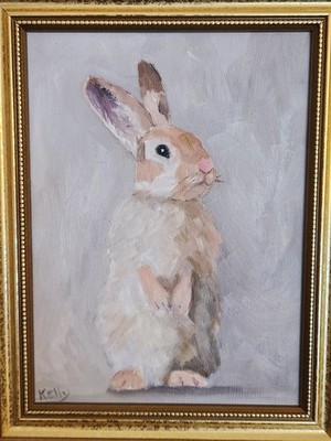 Small Original 8 x 6 inch Gold Framed Oil Painting Bunny White Rabbit 