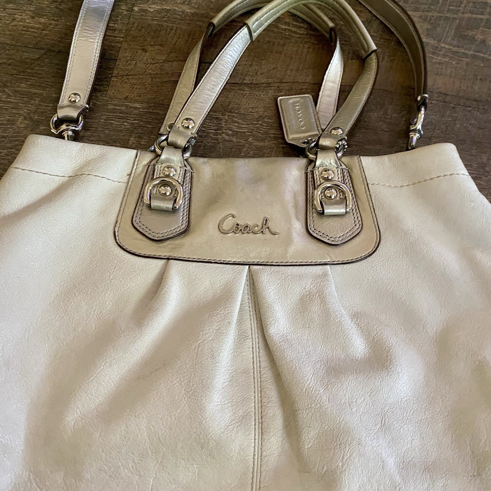 Coach Ashley Tote Shoulder Bag Cross Body Purse Ivory Silver Leather 15513 Y2K