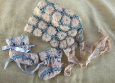 Vintage Antique Crochet Lace Baby Doll Bonnet Matching Booties Set