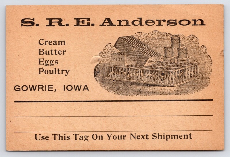Gowrie IA Business Card~SRE Anderson~Butter Eggs Poultry~Hammes of Rossie c1917