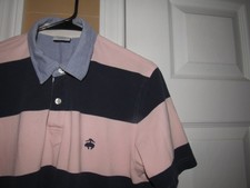 BROOKS BROTHERS Men's Medium 346 Performance Polo Shirt Pink Blue Stripe SLIM