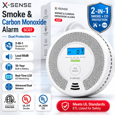 X-SENSE SC07 Smoke & CO Alarm ETL Listed 10-Year Sealed Battery LCD Home Safety