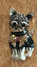 Oil Drip Enamel Crystal Rhinestone Black Kitty Cat With Bow tie Pin Brooch 1.6  