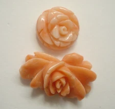 Vintage Antique Pink Coral Cameo 3D Carved Rose Flower Lot, 9/16" & 1" x 3/8"