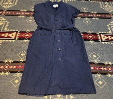 Patricia Magli Navy Shirt Dress Silk Linen Belted Button Front Women 12 T3