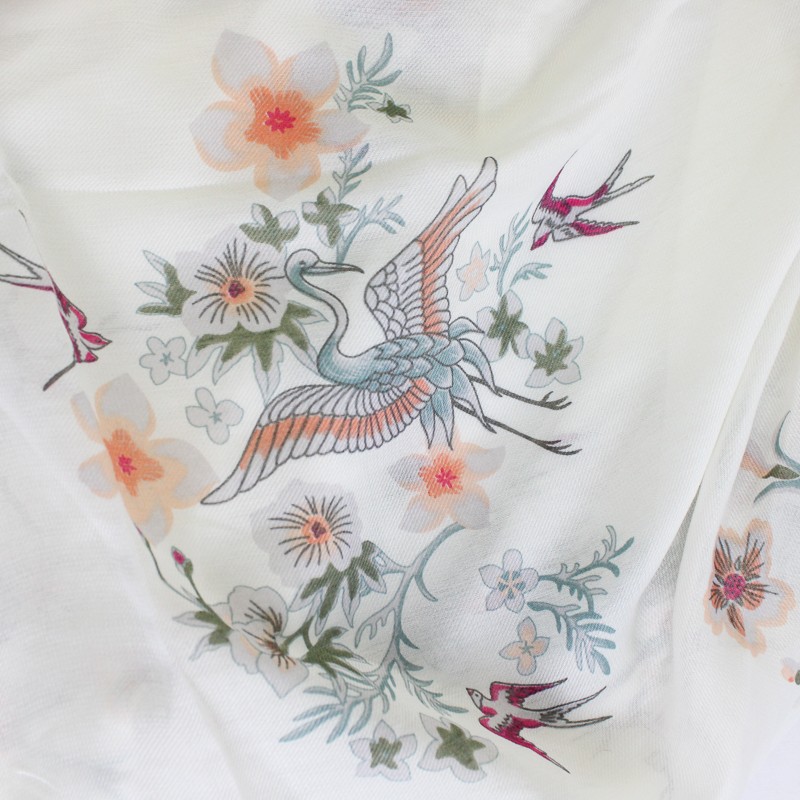 H&M Asian-Inspired Cherry Blossom Crane Print Sheer White Loop Scarf thumbnail 3