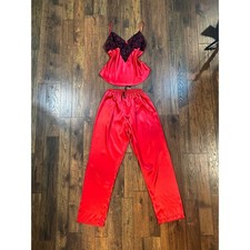 Vintage Red Satin with Black Lace Tank  Pant Pajama Set Secret Treasures Medium