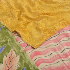 Sanskriti Vintage Saree Yellow Pure Crepe Silk Floral Printed Sari 5 Yd Fabric