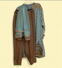 Blue Brown Gold Chiffon Embroidered Pakistani Salwar Kameez Set for Women