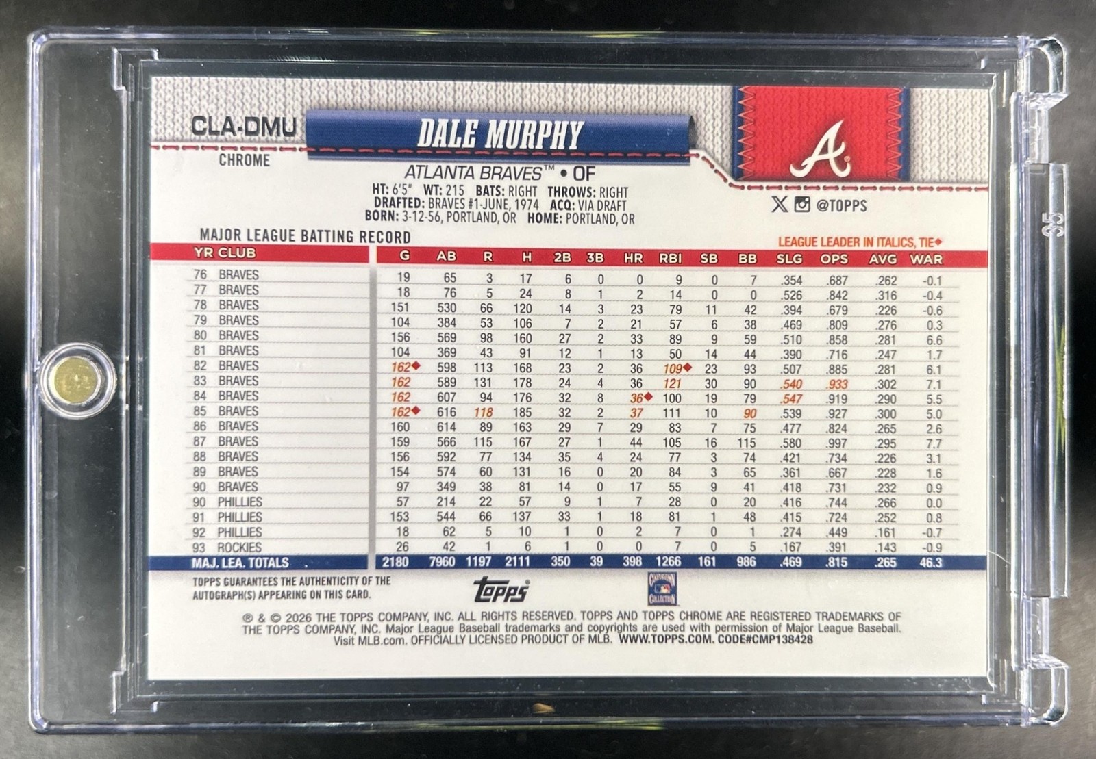 2026 Topps Chrome Dale Murphy Legend Auto Gold Refractor SSP #/50 Braves view 2