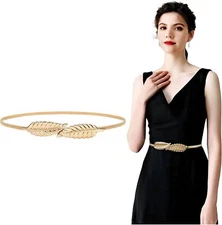 JASGOOD Women Skinny Metal Waist Suit for waist size 24"-28", B-gold-leaf 