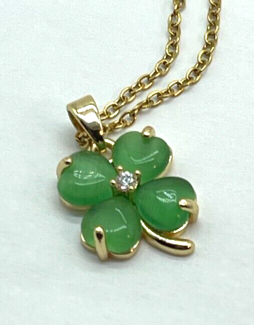 Gold-Tone Green Opal 4-Leaf Clover Necklace with 17