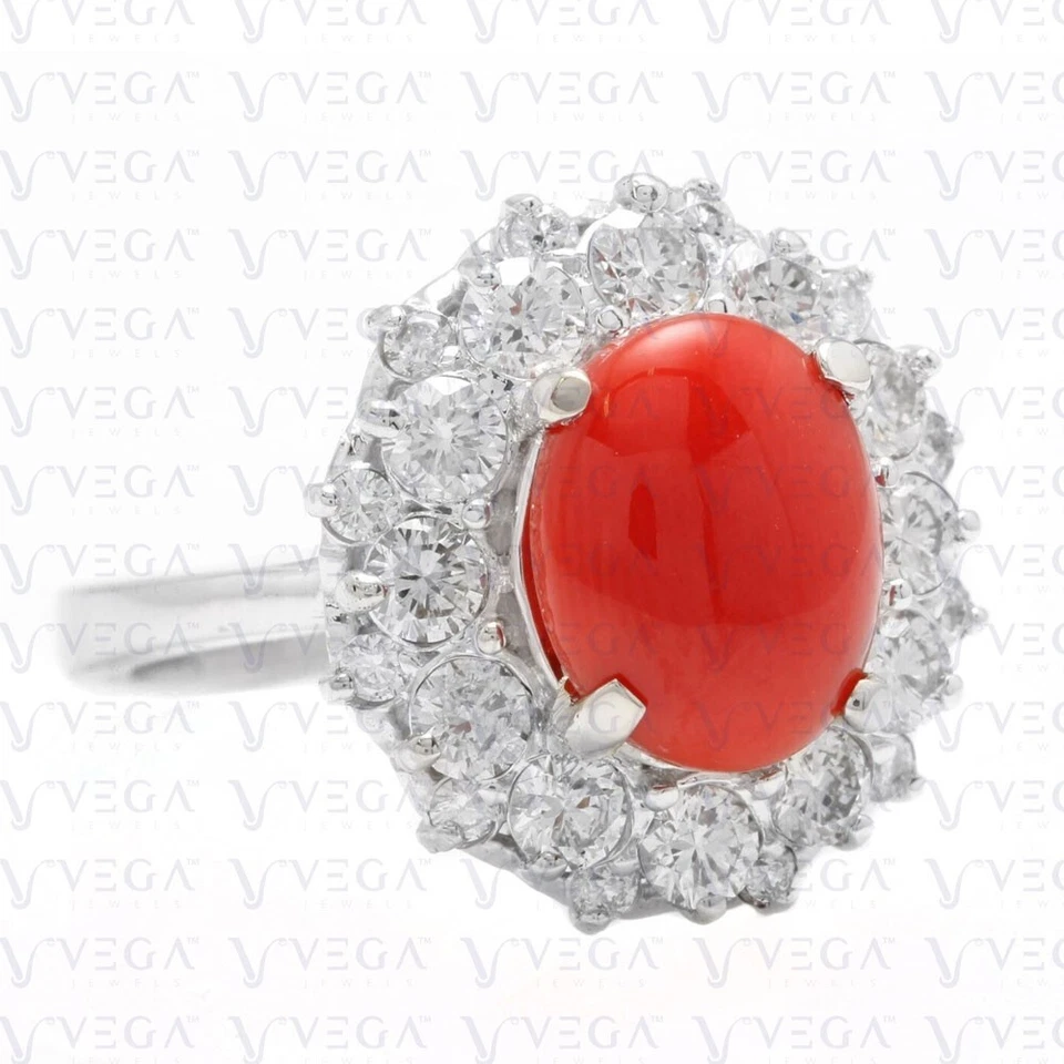 Anillo de compromiso de diamantes y coral natural enchapado en oro blanco de 18 quilates con forma ovalada de 5,04 quilates Foto 3 de 4