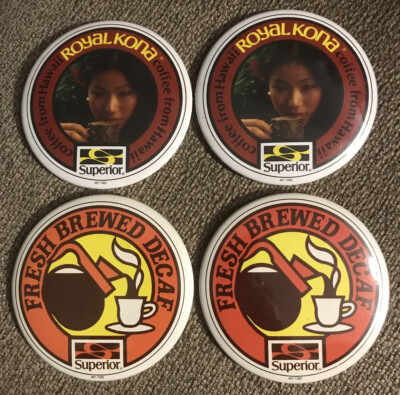 VINTAGE SUPERIOR FRESH BREWED DECAF/ROYAL KONA HAWAIIAN COFFEE 3  PINS LOT OF 4