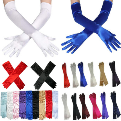 Damen Abend Party Formell Braut Handschuhe Einfarbig Satin Lang Finger   