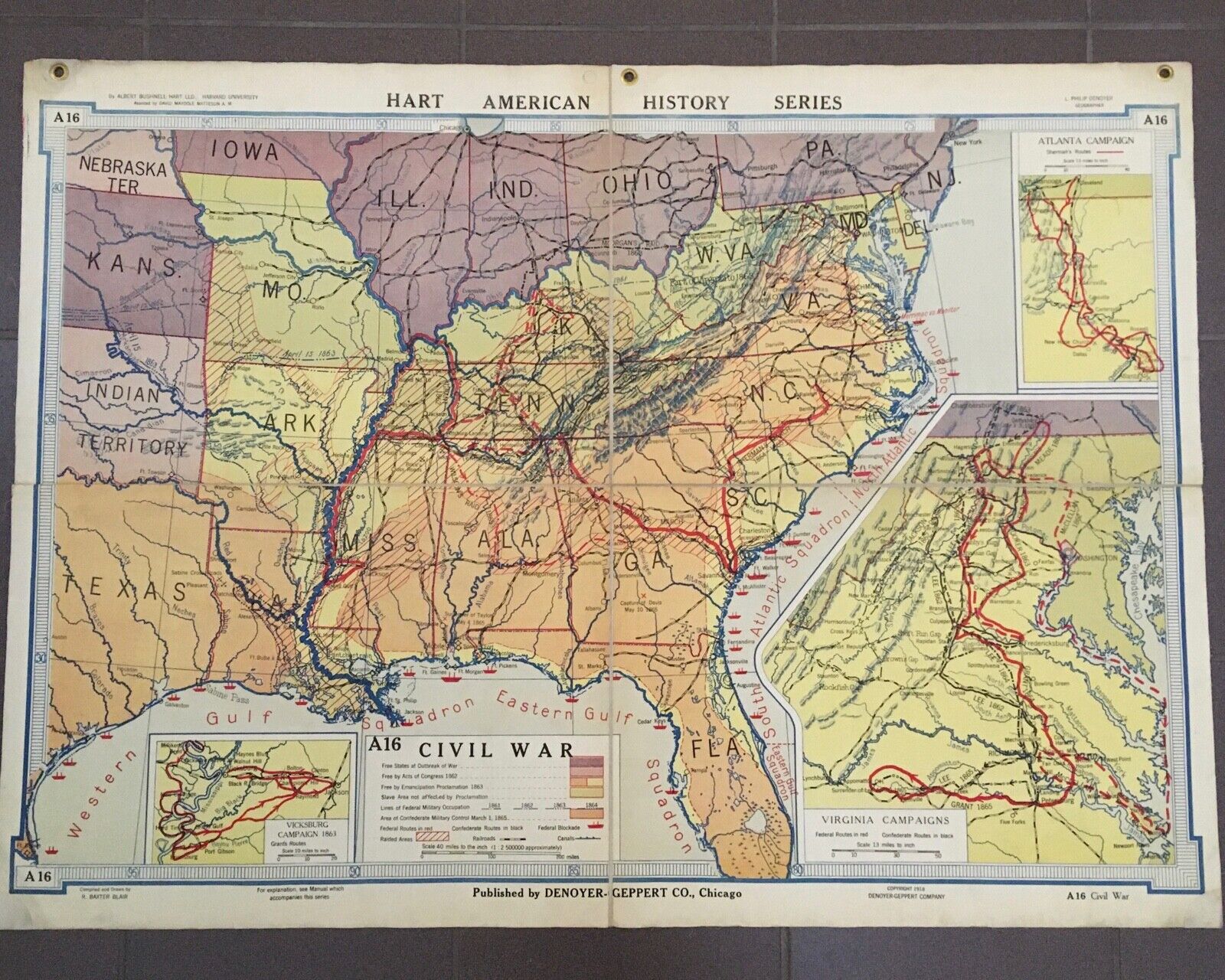 Denoyer Geppert Map A16 Civil War 1918 Folding Linen Backed ExLibrary Wall Map