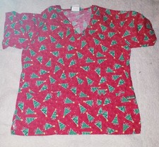 Uniform Advantage Scrubs Red and Green Christmas Tree Themed Top M