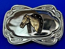 Horse Head In Lucky Horseshoe Reflective Two Tone Cowboy Cowgirls Belt Buckle