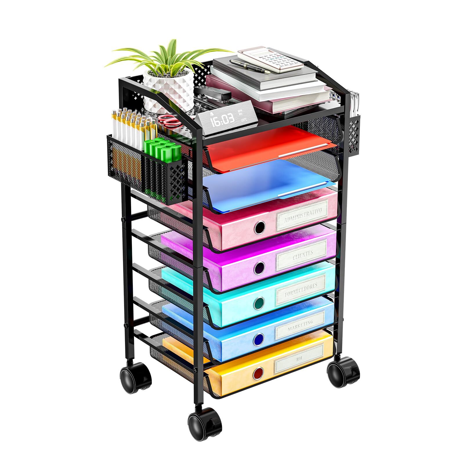 8-Tier Rolling File Cart - Compact Metal Desk Organizer with Wheels-image