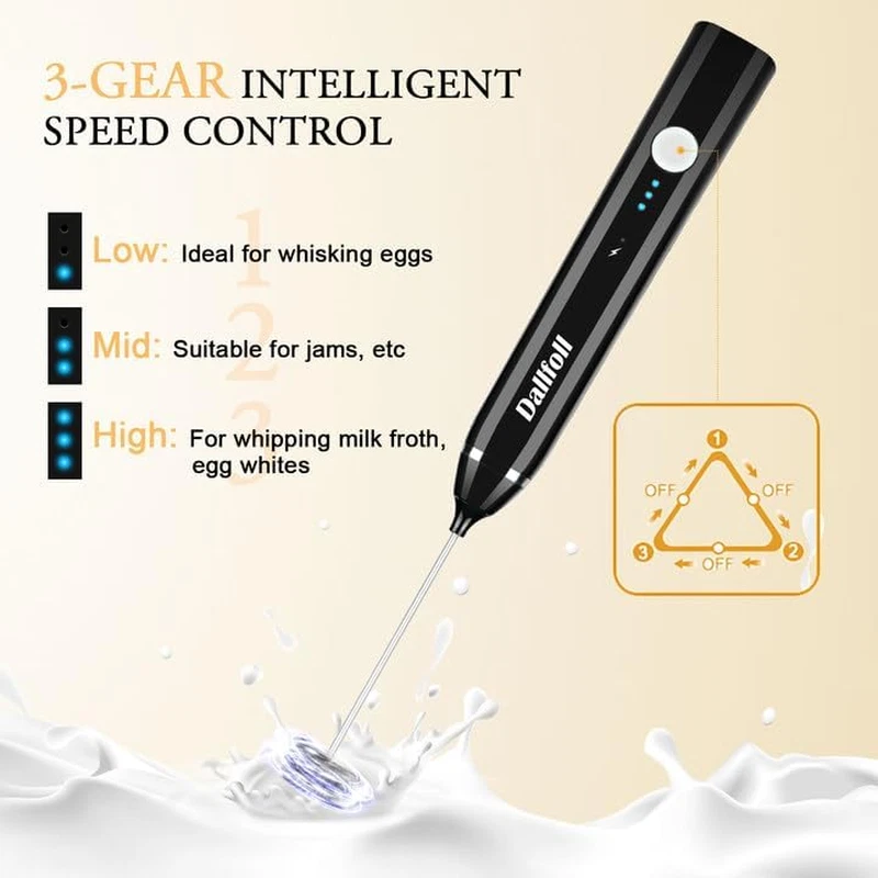 Milk Frother Handheld, USB Rechargeable Electric Foam Wand Maker for Coffee, 3 S