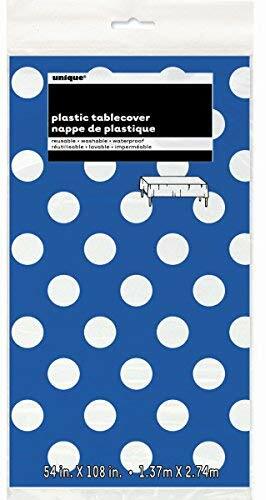 Royal Blue Polka Dot Plastic Tablecloth, 108" x 54" - Picture 3 of 3