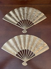 Vintage Solid Brass 2 Oriental Style Hand Fan Raised Phoenix Dragon Wall Decor