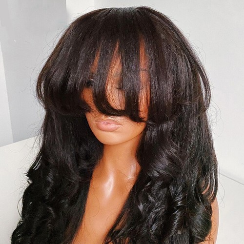 Yaki Wavy Brazilian Remy Human Hair Scalp Top Machine Made Wigs With Bangs 200% - Picture 5 of 12