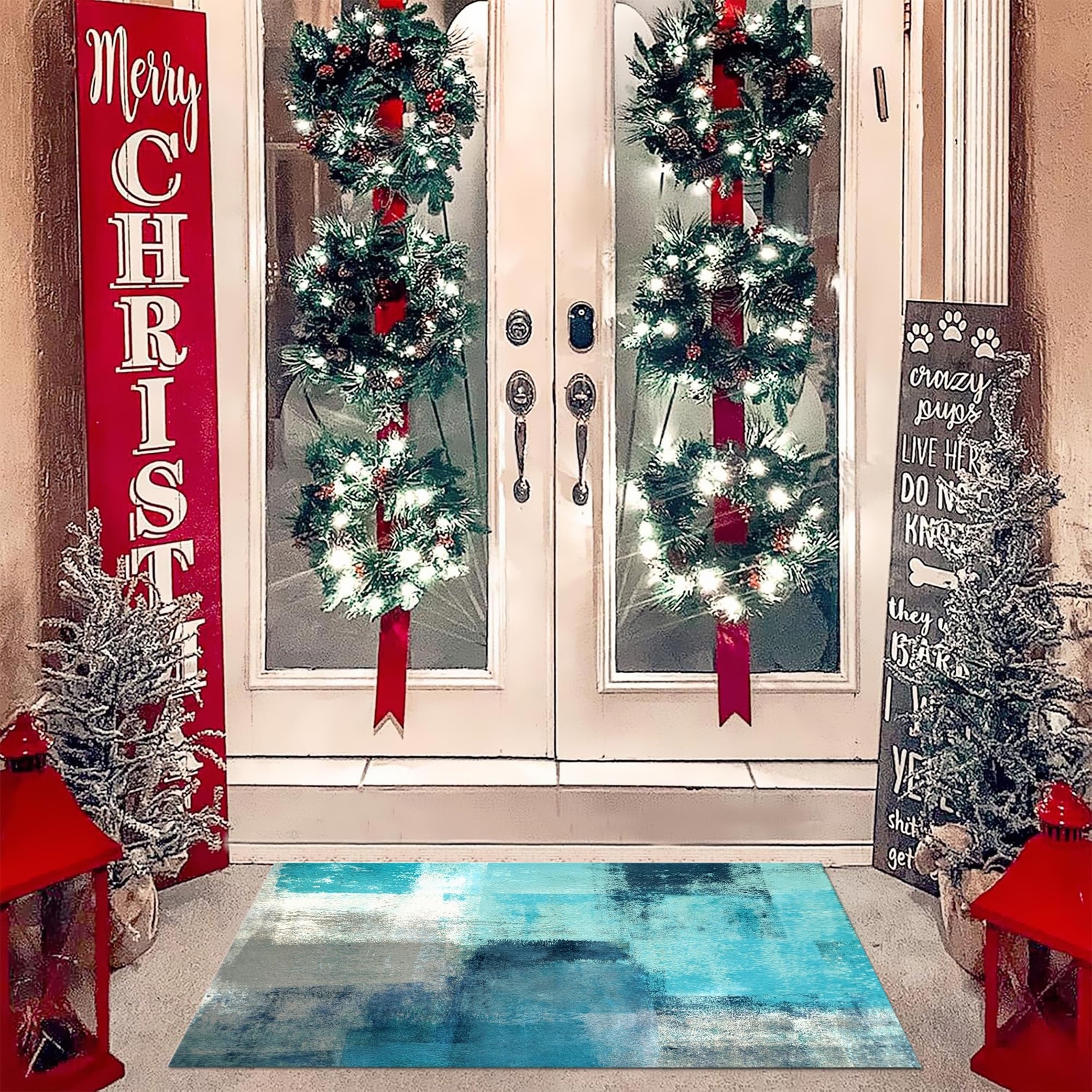 Teal Grey Abstract Art Non-Slip Entryway Door Mat 17x30 Inches-image