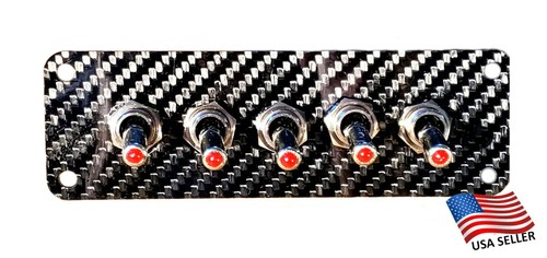 Carbon Fiber 5 Toggle Switch Panel - Red LED Switches - Picture 1 of 2