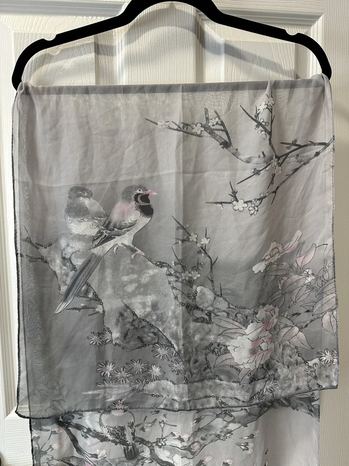 Kafeiya Gris Transparente Rosa Bufanda Floral Pájaros Ligero 60" x 19" Poliéster Foto 2 de 4