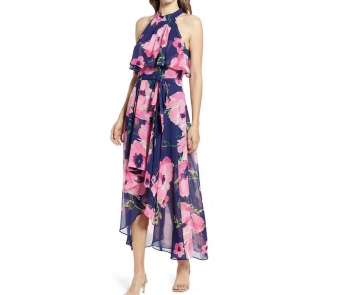 ELIZA J Navy Pink Floral Print Halter Neck Chiffon Hi/Lo Midi Dress 10
