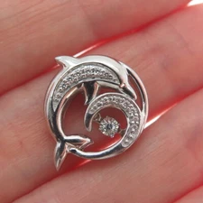 925 Sterling Silver Round-Cut Shaped C Z Friendly Dolphin Slide Pendant