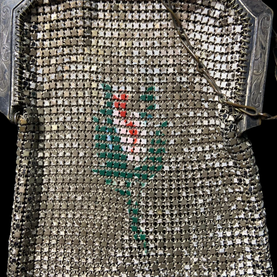 Bolso Cartera Vintage WHITING & DAVIS Floral Art Deco Esmalte Malla Metal Foto 2 de 4