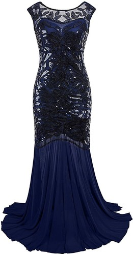 Women's 1920s Sequins Beaded Art Deco Evening Party V-Neck-Back Long Dress *1977 - Picture 11 of 31