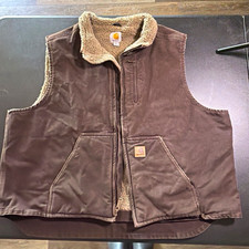 Carhartt Men's Brown Sherpa-Lined Full Zip Vest Pockets Relaxed Fit 2XL