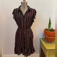 BB Dakota City Lines Striped Belted Mini Ruffle Button Front Dress Sz L 💛🎀