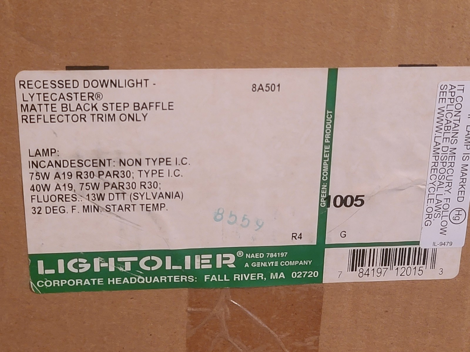 NEW IN BOX Lightolier 1005 - 5" All White & Black Recessed Light Baffle Trim