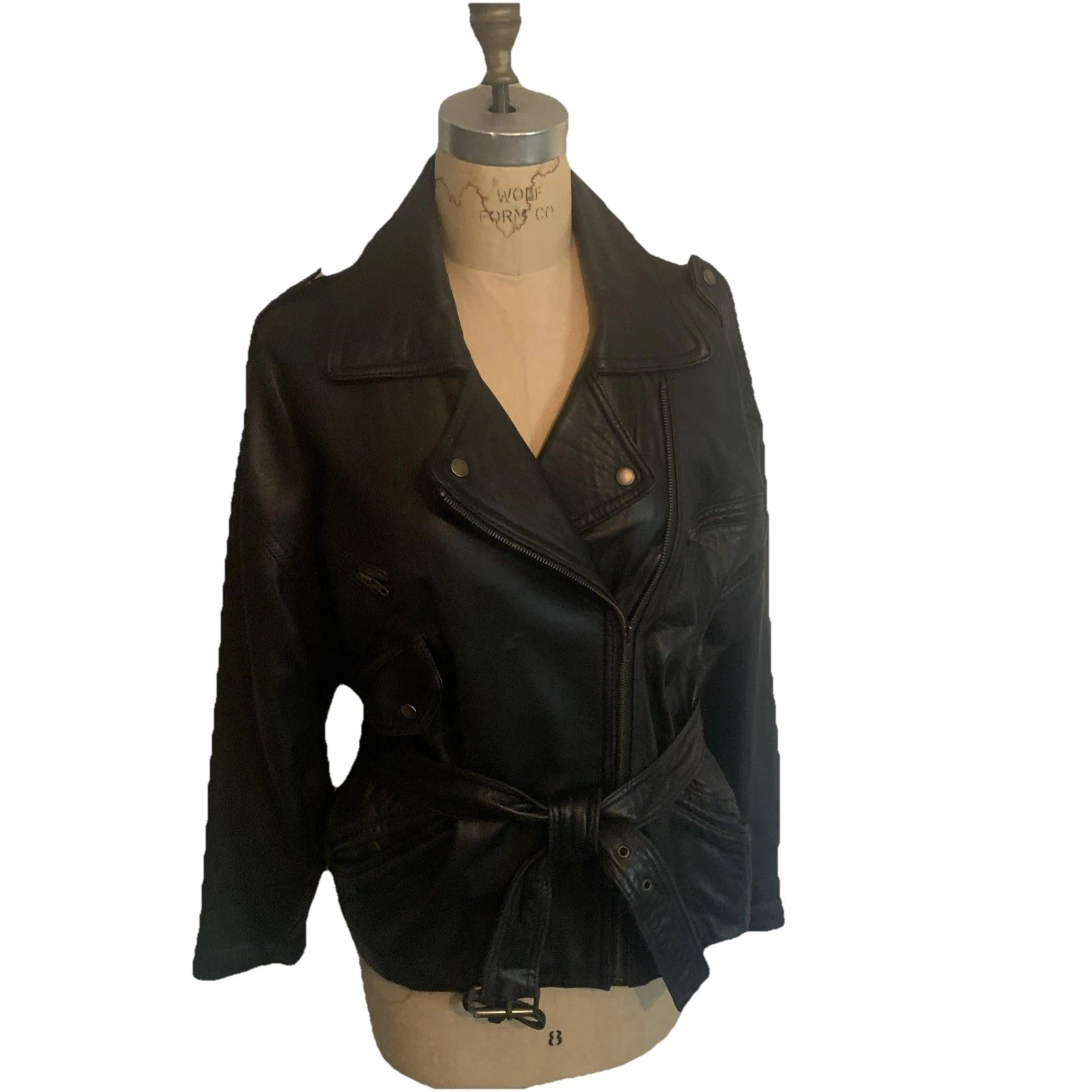 VTG 80s Limited Black Belt Leather Cropped Biker Punk Moto Jacket Women's Lg