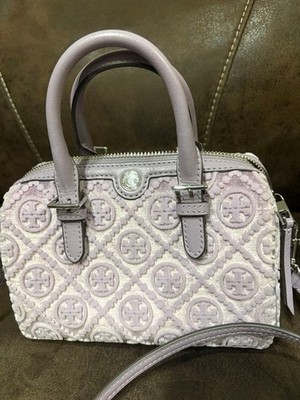 Tory Burch Mini Boston Crossbody Bag Lavender Velvet Leather Silver Hardware