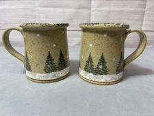THREE RIVERS POTTERY 1993 Winter Pines Stoneware 2 Mugs Ohio VTG