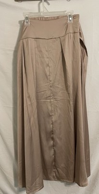 Women's Beige Solid Long A-Line Skirt w/ Elastic Waist Pleats Bow, Regular M