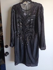Vintage Stenay Evening Dress Woman’s Silk Sequin Beaded Black Long Sleeve Sz 14