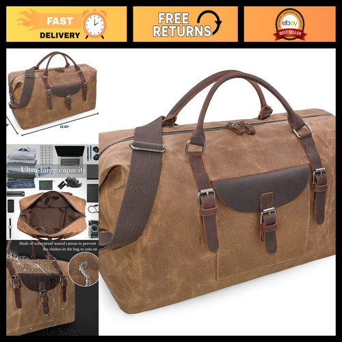 55L Waterproof Waxed Canvas & Leather Duffel Bag, Large Weekender for Travel, Br
