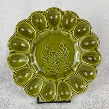 Vtg California Pottery Deviled Egg Plate Avocado Green 10.5 1970s #S29 (529)