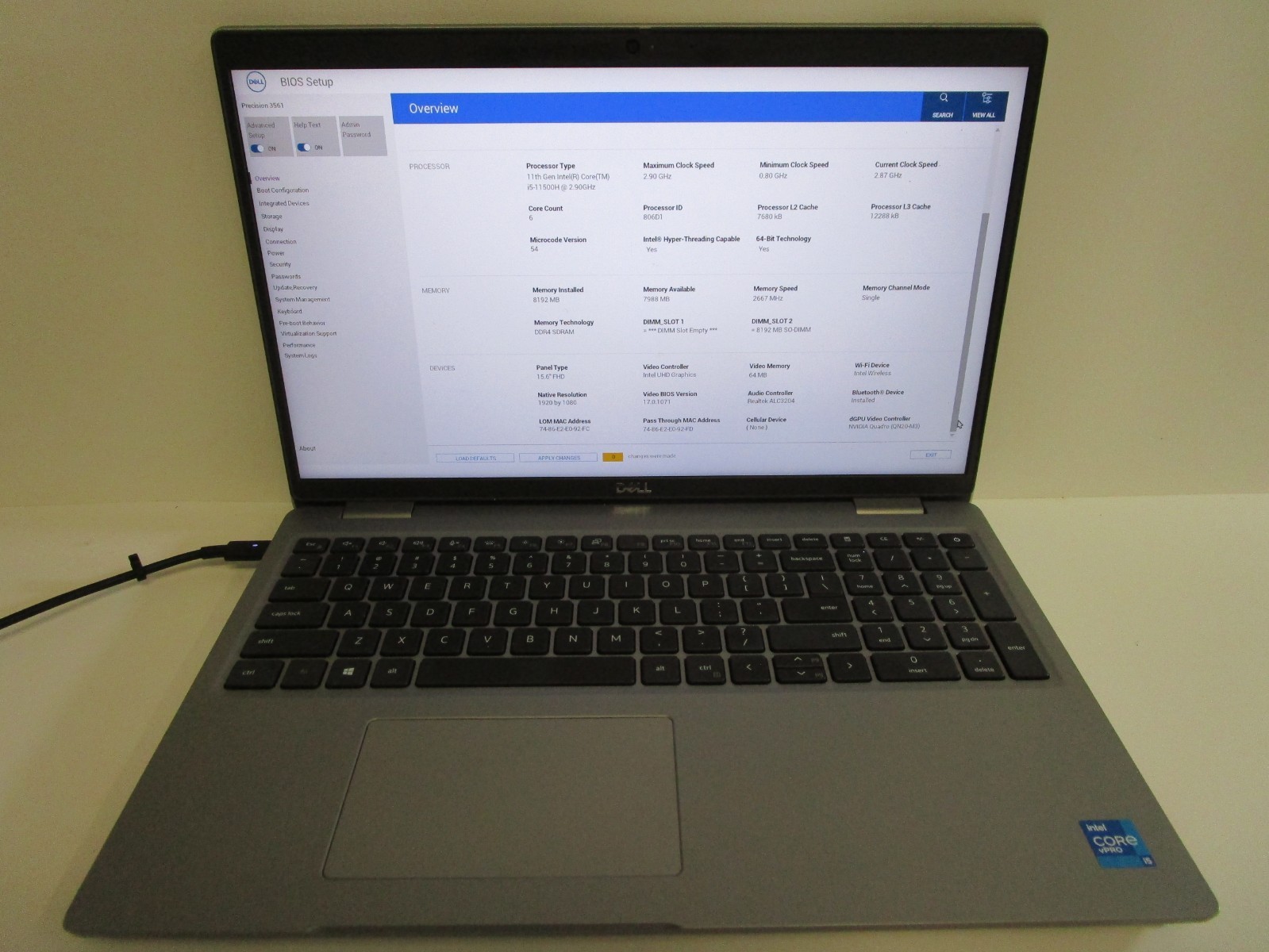 DellPrecision3561Corei5-11500H2.90GHz8GBNoHDNoPwrAdapterNoBattery