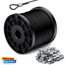 328FT 304 Stainless Steel Wire Rope Cable, Black Vinyl Coated, 150Pcs 1/16''Alum