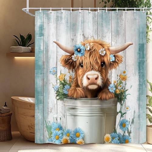 Funny Highland Cow Shower Curtain, Cute Farmhouse 70"W x 70"L (Pack of 1) Teal