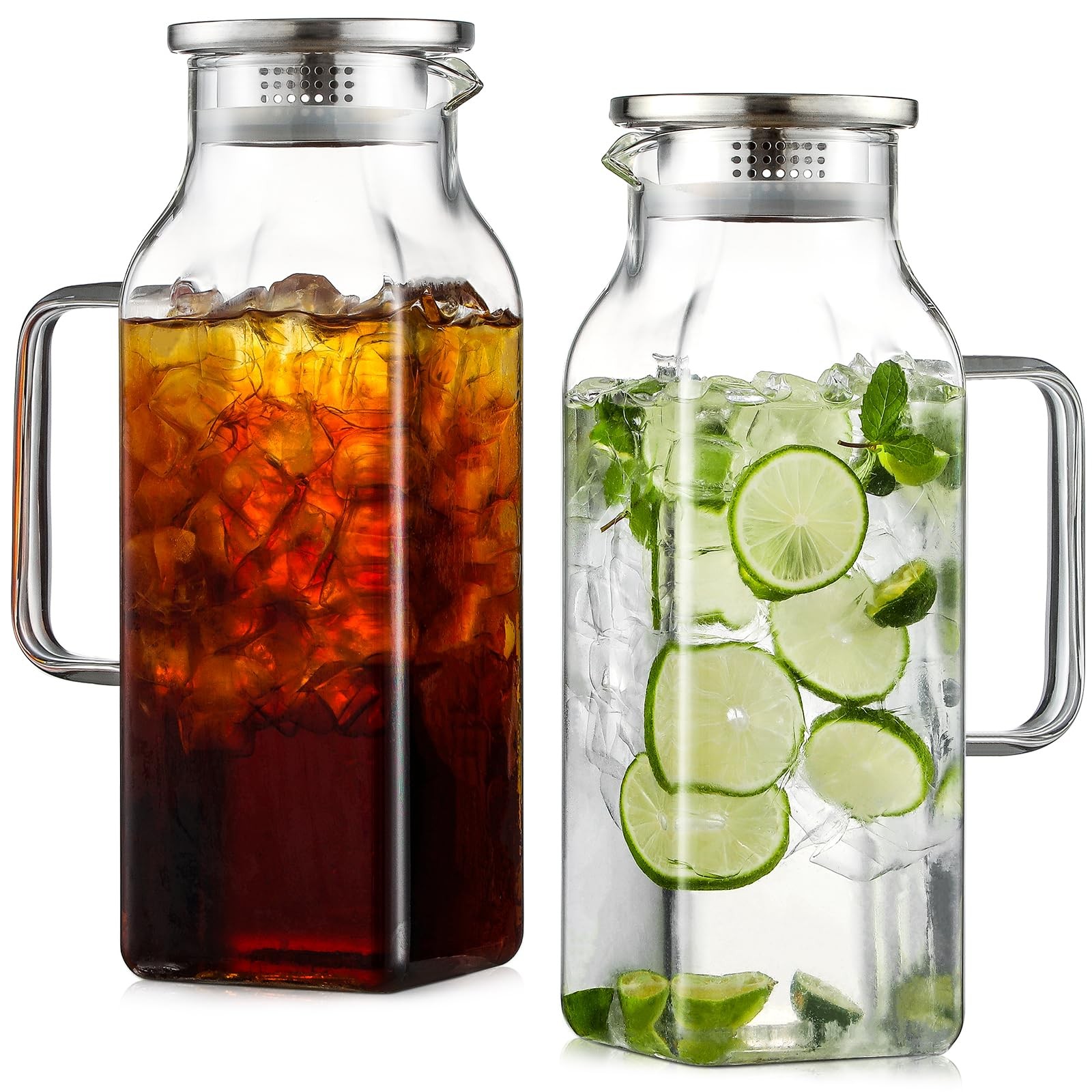 Netany 2 Pack 2 Liters/68 oz Square Glass Pitcher with Lid and Handle for Fri...