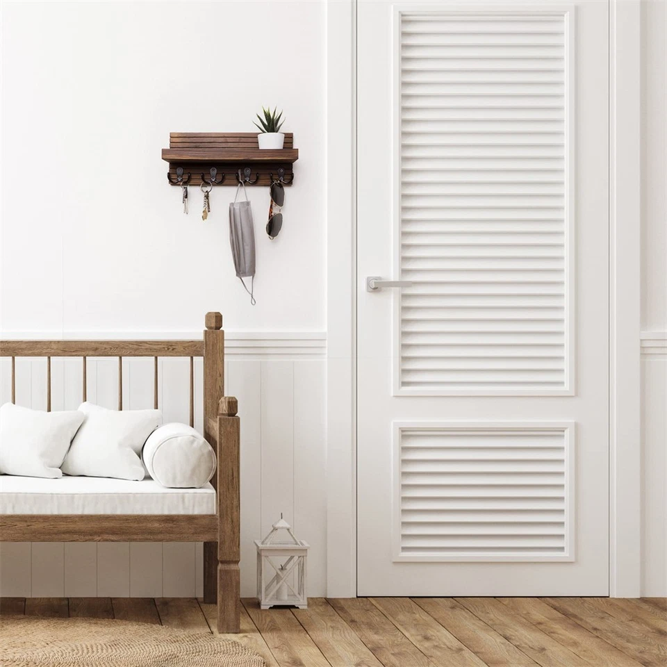 Wooden Wall Key Holder with Mail Organizer Rustic Entryway Rack 4 Hooks Decor - Image 2 of 4