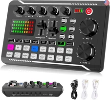 Facmogu F998 Live Sound Card Audio Mixer, Podcast Audio Interface with DJ Mixer